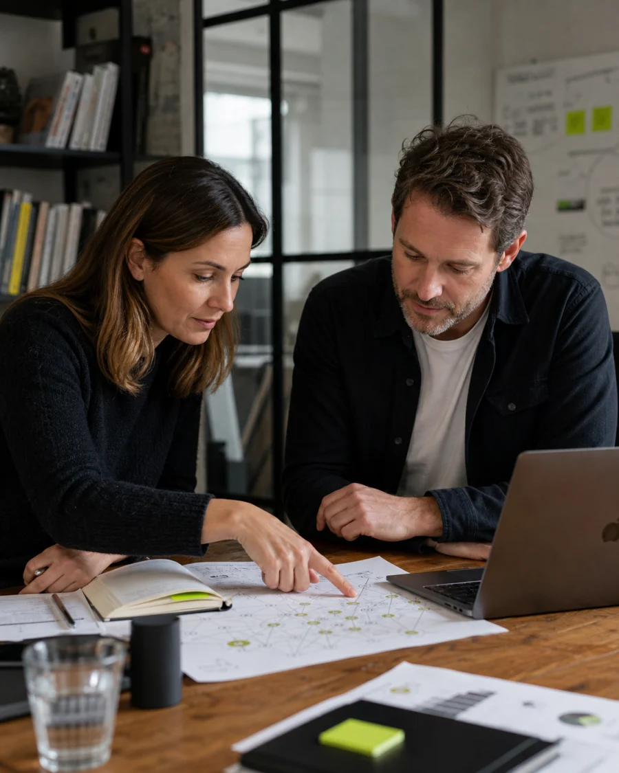 Senior SEO consultants reviewing a technical site map together